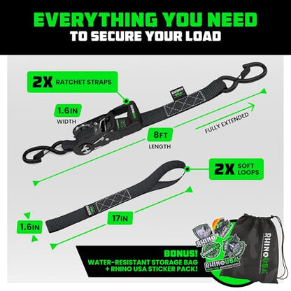 RHINO USA Ratchet Straps Tie Down Kit, 5,000 Break Strength - Includes Heavy Duty Rachet Tiedowns with Padded Handles & Coated Chromoly S Hooks + Soft Loop Tie-Downs - color: Black, size: 8ft - 2 Pack