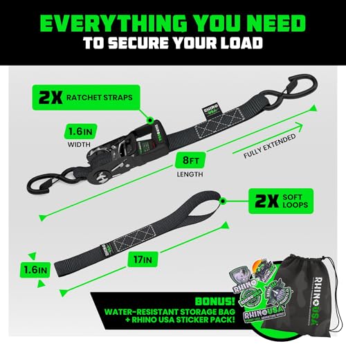 RHINO USA Ratchet Straps Tie Down Kit, 5,000 Break Strength - Includes Heavy Duty Rachet Tiedowns with Padded Handles & Coated Chromoly S Hooks + Soft Loop Tie-Downs - color: Black, size: 8ft - 2 Pack