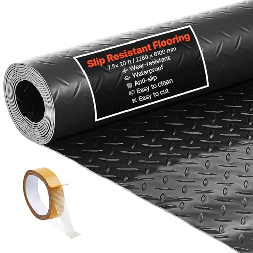 VEVOR Garage Floor Roll, 7.5 x 20 ft Garage Flooring Mat, 2.2 mm Thickened PVC Diamond Plate Floor Protector Mat with Double-Sided Tape, Non-Slip, Easy to Clean for Warehouse, Gyms, Trailer, Black - color: Black, size: 7.5 x 20 FT