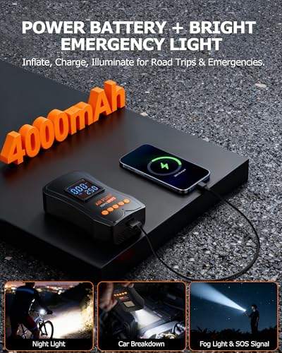 Tire Inflator Portable Air Compressor, 150PSI Dual Power - 4000mAh & 12V DC, Cordless Mini Bike Pump with Digital Dual Values Display/LED Light, tire Air Pump for Car Tires, Bike, Motorcycle, Bicycle