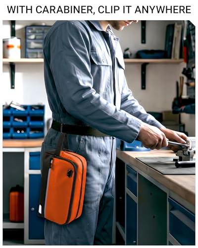 2 Pack Small Tool Bags Zipper Pouch for Organizing, with Adjustable Shoulder Strap & Carabiner, Utility Small Tool Pouch with Multi Pocket Compartments and Label Area (12" & 10") - color: Green/Orange