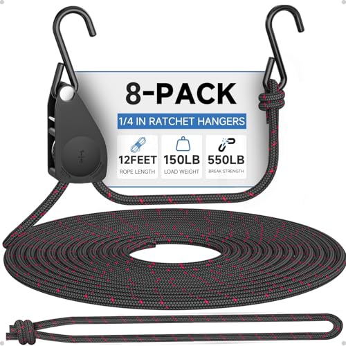 Fondwell 1/4" Retractable Ratchet Straps: 8-Pack Rope Hangers with Protective Soft Loops - Secure Tie Down Ratcheting for Transport - size: 1/4" 8-Pack (with Loops)