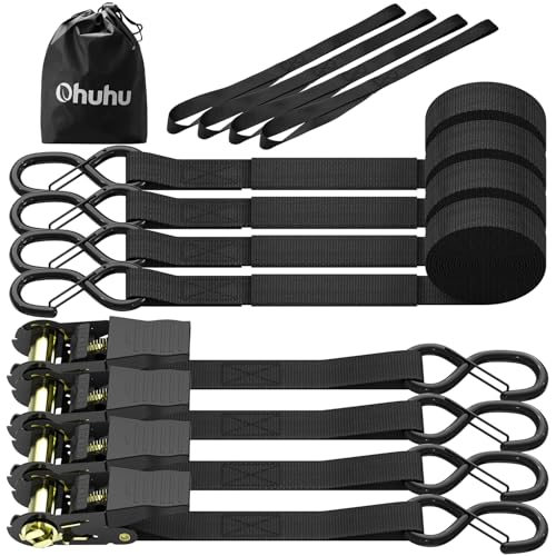 Ratchet Tie Down Straps with Safety Clip 4-Pack 1" x 15' & 4 Soft Loops - 500 lbs Load Cap 1500 lbs Breaking Limit, Ohuhu Ratchet Tie Downs Logistic Cargo Straps for Moving Appliances, Motorcycle - color: Black, size: 4-Pack