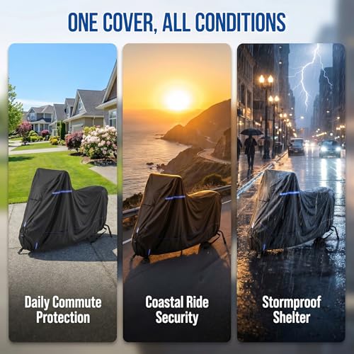 Heavy-Duty Waterproof Motorcycle Cover Fits Kawasaki Ninja 400 500 650 Z900 ZX-6R (No Trunk) for Outdoor Storage, All Weather Protection with Windproof Buckles & Multi-Vent
