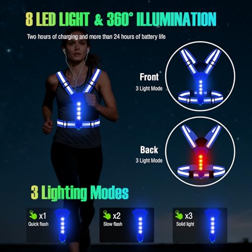 YOSKY 8 LED Running Reflective Gear Rechargeable Adjustable Running Lights Vest Safety Night Reflective Vest - color: Blue