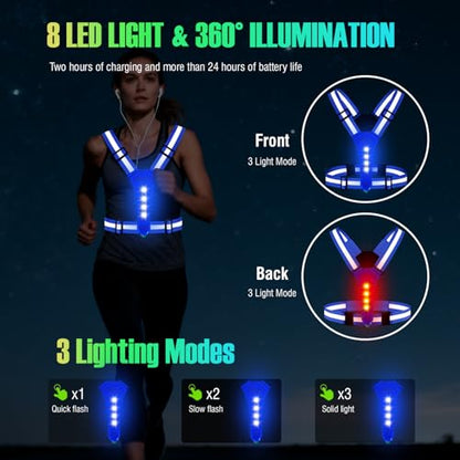 YOSKY 8 LED Running Reflective Gear Rechargeable Adjustable Running Lights Vest Safety Night Reflective Vest - color: Blue