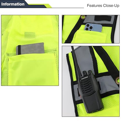 Class 2 High Visibility Reflective Safety Vests Women & Men With 15 Pockets And Zipper Front,Meets Ansi/Isea Standards - color: Yellow_body Black Trims, size: X-Large
