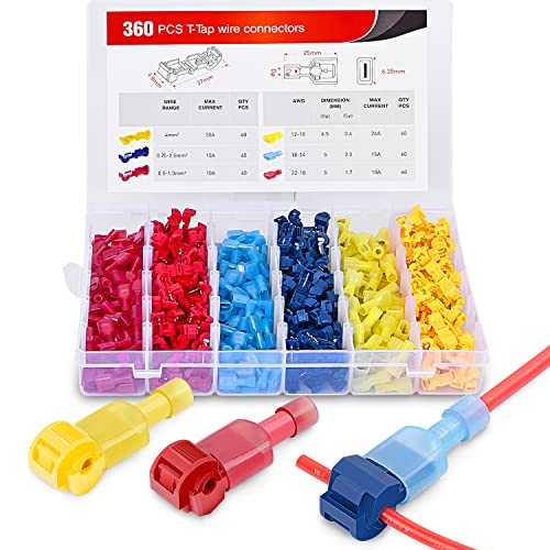Nilight 360PCS T-Tap Wire Connectors Self-Stripping Quick Splice Electrical Terminals Insulated Male Disconnect Spade Assortment Kit with Storage Case - size: 360Pcs 22-10AWG