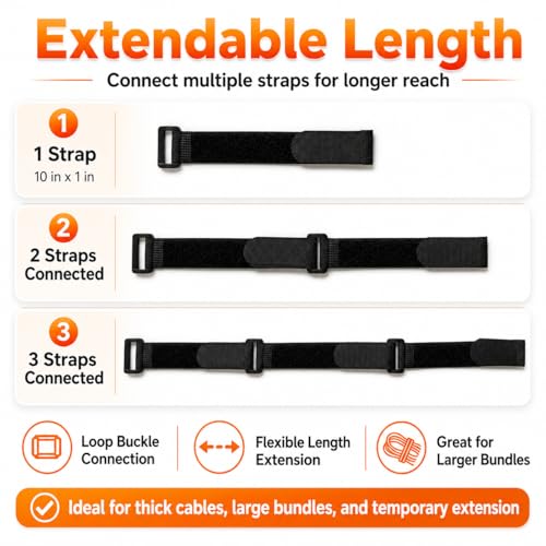 Ysenchan Hook and Loop Straps with Buckle, Reusable Adjustable Cable Management Straps, Heavy Duty Cinch Straps for Cords, Hoses, Bike Gear & Home Organization, 1" x 10", Black, 10 Pack