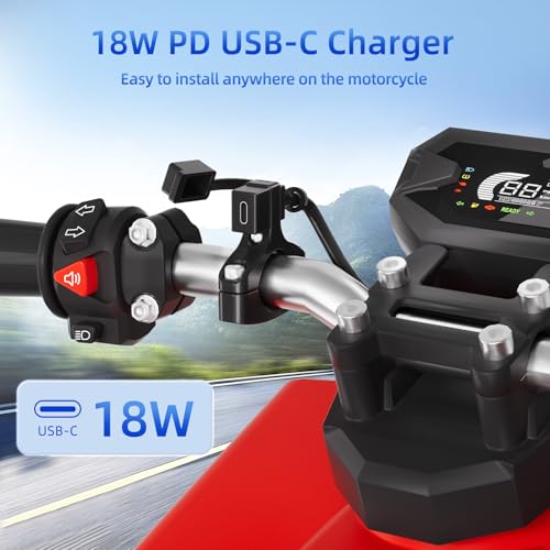 Cliff Top Waterproof Motorcycle USB Charger, 18W PD USB-C Fast Charging, SAE to USB-C Adapter, USB Port with 22–32mm Handlebar Mount for Motorcycle, Scooter, ATV, Phone Devices, Vertical