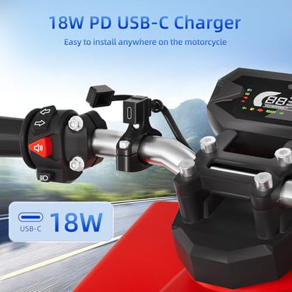 Cliff Top Waterproof Motorcycle USB Charger, 18W PD USB-C Fast Charging, SAE to USB-C Adapter, USB Port with 22–32mm Handlebar Mount for Motorcycle, Scooter, ATV, Phone Devices, Vertical