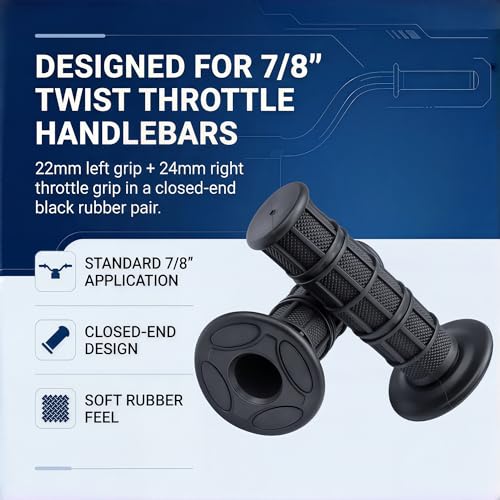 7/8" Dirt Bike Grips for CRF KX KLX YZ YZF RM 125 250 450,Anti-Slip Soft Rubber Handlebar Grips for Pit Bike, Motocross, Off-Road, Mini Bike, 22mm Left / 24mm Right,Black