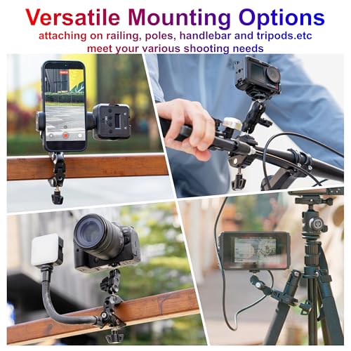JJC Super Clamp Camera Mount, Dual Ballhead Aluminum Pole Mount w. 1/4“-20 & 3/8"-16 Thread Hole, Action Camera Mount and Phone Clip, for DJI Osmo Action GoPro, Crab Clamp for Desk Tripod Tube Rod - color: Black -Universal