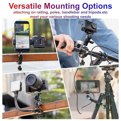 JJC Super Clamp Camera Mount, Dual Ballhead Aluminum Pole Mount w. 1/4“-20 & 3/8"-16 Thread Hole, Action Camera Mount and Phone Clip, for DJI Osmo Action GoPro, Crab Clamp for Desk Tripod Tube Rod - color: Black -Universal