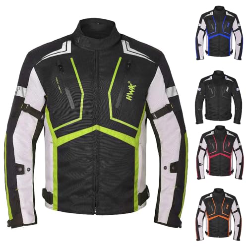 HWK Scorpion Motorcycle Jacket for Men & Women, Motorcycle Gear with Body Armor Foam Padding and Breathable Cordura Fabric, Reflective Motor Bike Jacket for Improved Visibility - Hi-Vis Green, Large - color: Hi-vis Green, size: Large