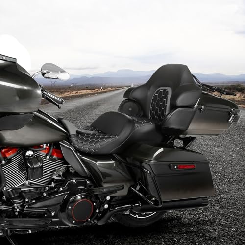 C.C. RIDER Gel Seat Driver Passenger Seat and King/Chopped Tour Trunk Backrest Fit For Harley Touring 2014-2023 Street Glide Road Glide Road King Electra Glide,Gray Hexagon - color: 23# Gel Grey+ 1 Backrest