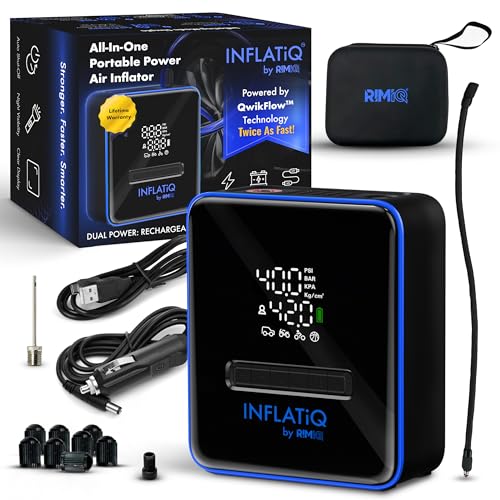 INFLATiQ by RIMiQ Tire Inflator Blue - Powerful, Award-Winning QWIKFLOW Technology with 2 Portable Power Options Included - Strong Vehicle Air Pump for Trucks, Cars, Motorcycles, Bicycles, Balls