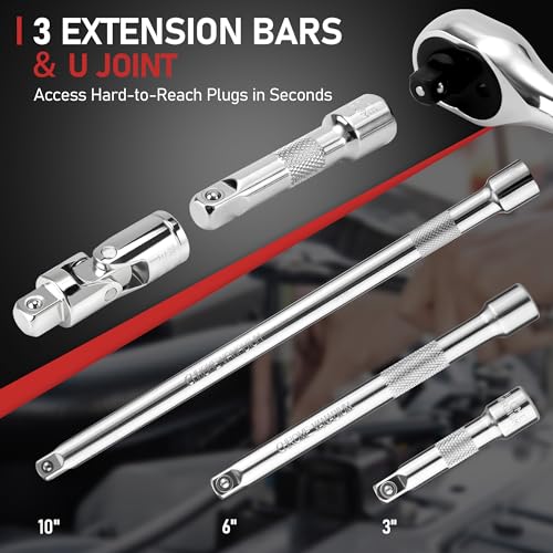 13pc 3/8" Spark Plug Socket Set with Installation Tube, 3/8" Drive Ratchet Wrench,3 Extension Bars(3",6",10")，Spark Plug Socket Sets, Gap Tool, U Joint,1/2" to 3/8" Adapter (13pcs) - style: Standard Set