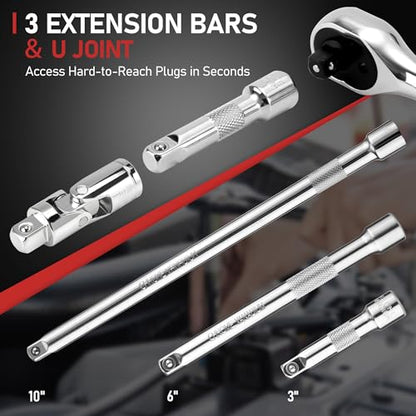13pc 3/8" Spark Plug Socket Set with Installation Tube, 3/8" Drive Ratchet Wrench,3 Extension Bars(3",6",10")，Spark Plug Socket Sets, Gap Tool, U Joint,1/2" to 3/8" Adapter (13pcs) - style: Standard Set