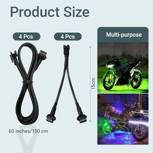 Rock Light Extension Wires 4 Pin and 2-Way Splitters 60 Inch, 8 Pcs | Rectangular Connector Pure Copper Insulated RGB LED Extension Cable for Motorcycle ATV Golf Car Truck Neon Underglow Strip