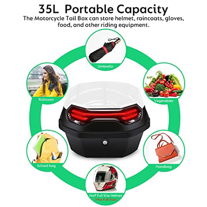 35L Motorcycle Top Case, Motorcycle Daily Tail Box Trunk Lockable Storage Carrier Plastic Case with Soft Backrest Universal Mounting for Helmet Luggage, Waterproof Motor Top Box - White