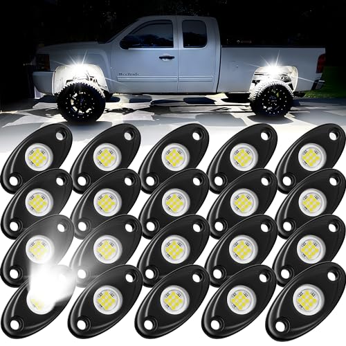 20 Pods White Rock Lights, Heefrole IP68 Waterproof Shakeproof Wide Angle Anti-Corrosion Pure White LED Rock Lights for Trucks Jeep UTV ATV SUV Boat Underglow Lighting Kit - size: 20 Pods