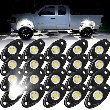 20 Pods White Rock Lights, Heefrole IP68 Waterproof Shakeproof Wide Angle Anti-Corrosion Pure White LED Rock Lights for Trucks Jeep UTV ATV SUV Boat Underglow Lighting Kit - size: 20 Pods