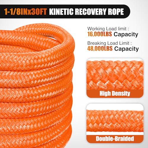 Nilight Kinetic Recovery Tow Rope Kit with 2 Soft Shackle 1-1/8inx30ft Heavy Duty Offroad Tow Rope Snatch Strap Towing Strap kit 48,000LBS for UTV ATV SUV Truck Car Jeep Tractor - color: 1/8inx30ft Rope+ 2 Pcs Soft Shackle