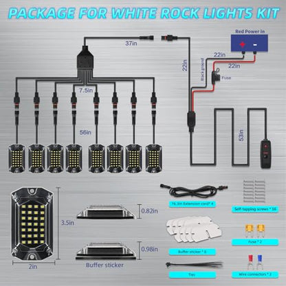 8Pods Full Angle All Pure White LED Rock Lights Full Kit Plug and Play & Pre Wired 6500K with Switch Harness Wiring Extension Fuse, 224Chips Waterproof Underglow 12V for Jeep ATV UTV SXS Offroad Truck - size: 8Pods