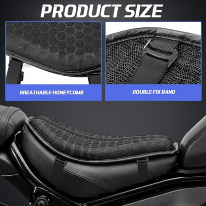 BBTO Motorcycle Gel Seat Cushion with Throttle Assist, Large Foldable 3D Honeycomb Shock-Absorbing Breathable Motorcycle Seat Pad with Cruise Control Holder, Motorbike Accessories for Long Rides