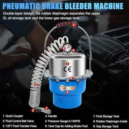 JIFETOR 5L Pneumatic Brake Pressure Bleeder Kit, Air Power Pressurized Master Cylinder Clutch Fluid Bleeding Tool Set with Bleed Machine, Collection Bottle and Adapters, Blue Cylinder - color: Blue Cylinder
