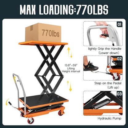 SPECRAFT 770lbs Hydraulic Lift Cart, 59" Height Double Scissor Table with 4 Wheels & Non-Slip Pad, Material Handling Platform, Orange - size: 770 lbs