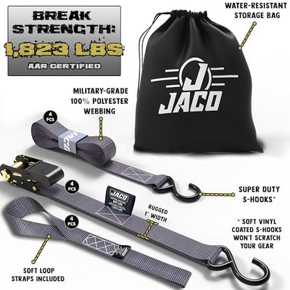 JACO Ratchet Tie Down Straps - 1 inch x 15 ft (Pack of 4) | 1,823 lbs (Grey) - color: Grey