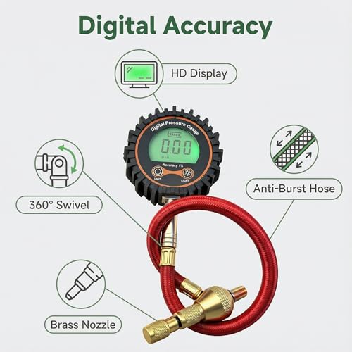 SUVCARMPING 250 PSI Digital Tire Pressure Gauge Accurate Air Pressure Gauge (±1% Accurate), for Tires with Easy-to-Read Numbers, Valve Cap and 4-Way Valve Tool, Red (MS-DG04C(CC)-01) - size: Red(Air Chuck)