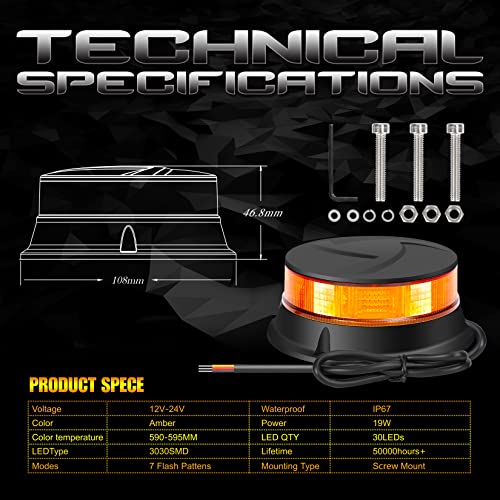 DAYSEN LED Amber Beacon Strobe Light, 4.2" Flashing Emergency Lights, Permanent Mount 360°Rotating Rooftop Safety Warning Light for Trucks Tractors Golf Carts UTV & ATV Car(Screw) - size: Screw (1PCS)