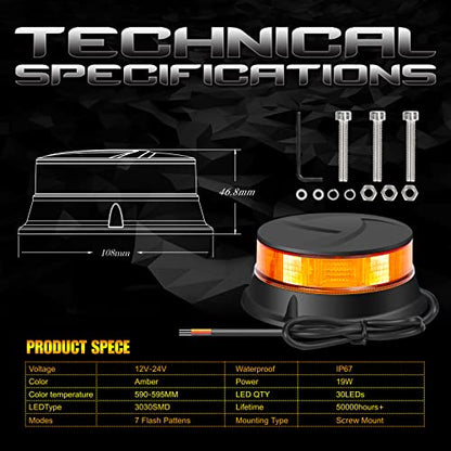 DAYSEN 4Pcs Amber Strobe Beacon Lights - 360° Rotating Emergency Light with 7 Flash Modes,12V/24V Compatible for Trucks, Tractors, ATV/UTV, Golf Carts & Heavy Duty Vehicles (4.2" Permanent Mount) - size: Screw (4PCS)