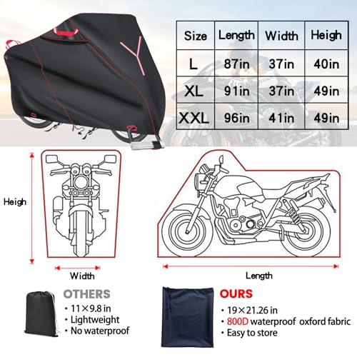 800D Heavy Duty Motorcycle Cover, Outdoor Storage Moped Covers, All-Weather Universal Waterproof Scooter Cover with 3 Reflective Handle、2 pairs Lock Holes and 3 Fixed Buckles - 87" x 37" x 40" - size: (L) 87" x 37" x 40"