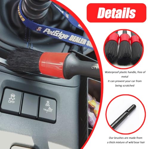 Car Detailing Brush Set, Car Detailing Kit, 5 Different Size Boar Hair Mixed Fiber Plastic Handle Auto Detail Brushes, Auto Interior Cleaning Tool for Leather Seat Wheels Engine Air Vent