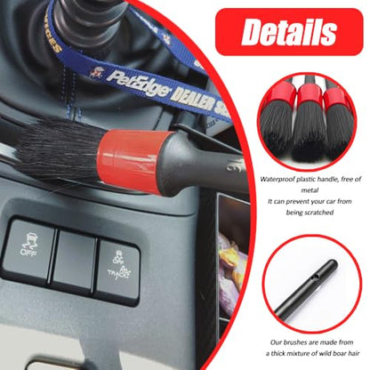 Car Detailing Brush Set, Car Detailing Kit, 5 Different Size Boar Hair Mixed Fiber Plastic Handle Auto Detail Brushes, Auto Interior Cleaning Tool for Leather Seat Wheels Engine Air Vent