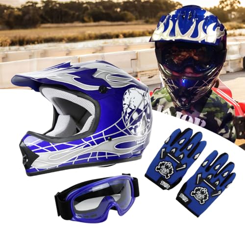 SLMOTO DOT Youth & Kids Motocross Offroad Street Helmet Blue Skull Motorcycle Youth Helmet Dirt Bike Motocross ATV Helmet+Goggles+Gloves Small - color: Blue Skull, size: Small