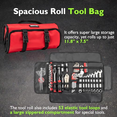 Mofun 64-Piece Motorcycle Tool Kit Universal with Roll Pouch Roadside Travel Wrenches, Ratchet Universal Compatible with Cars Fit Trucks Fit Motorcycles Fit Enduro Dirt Bikes Fit UTVs Fit ATVs, Red - color: Red
