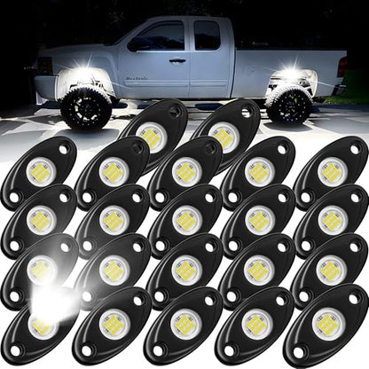 22 Pods White Rock Lights, Heefrole IP68 Waterproof Shakeproof Wide Angle Anti-Corrosion Pure White LED Rock Lights for Trucks Jeep UTV ATV SUV Boat Underglow Lighting Kit - size: 22 Pods