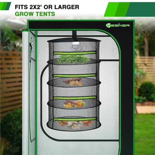 Yesker 4 Layer Herb Drying Rack Hanging Mesh Net Foldable Plant Drying Racks 24" Diameter with Green Zipper & Hook Dryer Hanging Rack for Herbs Seed Bud Fruit Clothes Grow Tent Closets Garden Outdoor - size: 4 Layers Fluorescent Green & Black with Hook