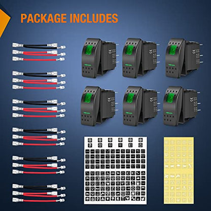 Nilight 6 Pack Rocker Switches with Night Glow Stickers 5 PIN SPST Rocker Switches with Green Backlit 12V/24V Toggle Switches for Cars Trucks RVs Boats Auto Motorcycles,2 Years Warranty - color: Green 6 PCS