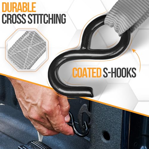 FORTEM Ratchet Straps, Tie Down Strap Set 1650lb Break Strength, 4 Pack 15ft x 1in, 4 Soft Loops, Moving Straps Tie Downs, Cargo Cam Buckles for Trucks, Carry Bag, for Men - color: Grey