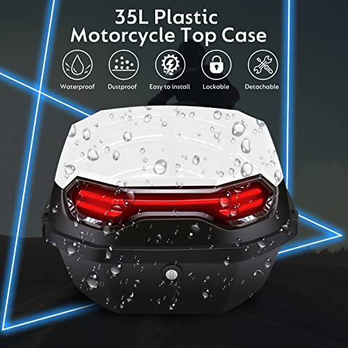 35L Motorcycle Top Case, Motorcycle Daily Tail Box Trunk Lockable Storage Carrier Plastic Case with Soft Backrest Universal Mounting for Helmet Luggage, Waterproof Motor Top Box - White