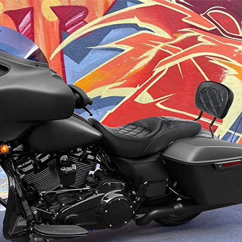 C.C. RIDER Passenger Seat Backrest Pad - Driver Passenger Sissy Bar fit for Harley Davidson Touring Road King Street Glide Electra Glide Road Glide 2009-2023 - color: Seat + Passenger Backrest Pad Black Blue