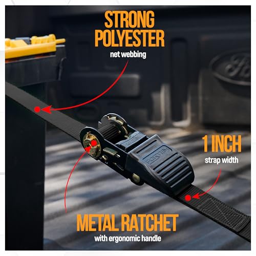 FORTEM Ratchet Straps, Tie Down Strap Set 1650lb Break Strength, 4 Pack 15ft x 1in, 4 Soft Loops, Moving Straps Tie Downs, Cargo Cam Buckles for Trucks, Carry Bag, for Men - color: Black