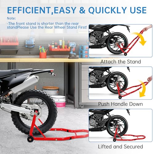 Motorcycle Front & Rear Stand Combo, Universal Wheel Lift Paddock Stand with Prong Adapters+L Adjustable Swingarm Spool, 900 LB Capacity Heavy Duty for Most Bikes,Red - color: Red