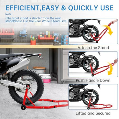Motorcycle Front & Rear Stand Combo, Universal Wheel Lift Paddock Stand with Prong Adapters+L Adjustable Swingarm Spool, 900 LB Capacity Heavy Duty for Most Bikes,Red - color: Red